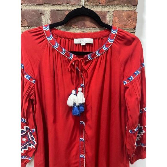 Womens AnnTaylor Loft Boho Red Aztec Print Embroidered Shift Dress Red S… - Picture 5 of 7